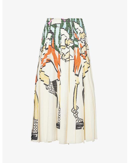 Bottega Veneta White Graphic-pattern High-rise Silk-blend Midi Skirt