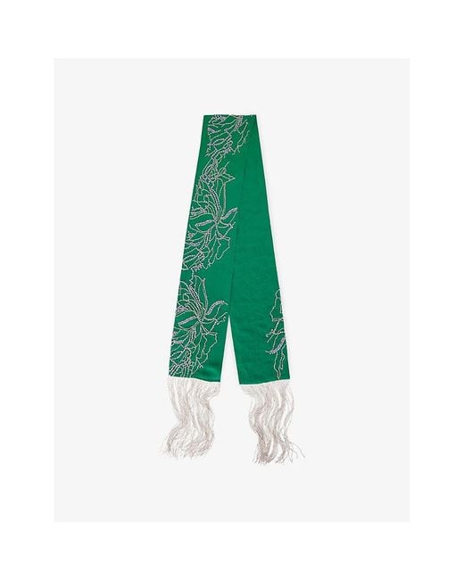 Dries Van Noten Green Beaded Fringed Silk Scarf