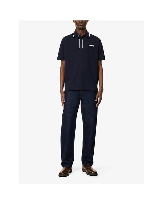 Gucci Blue Embroidered Cotton Piquet Polo Shirt, Ready-To-Wear for men