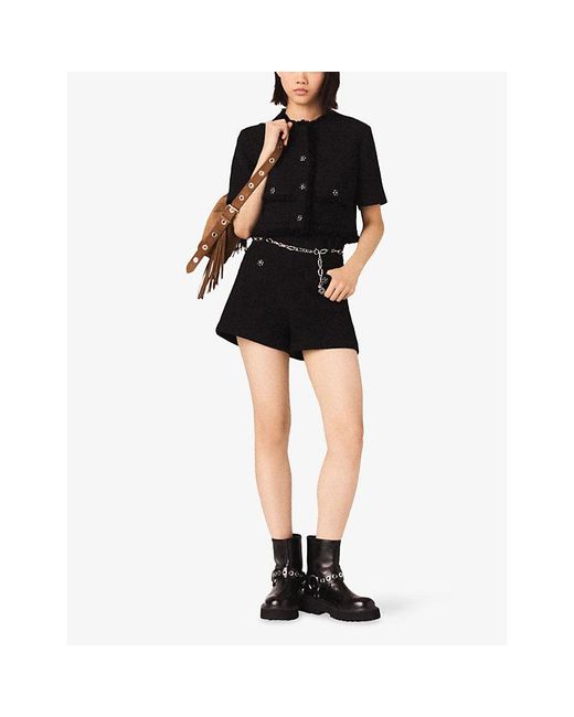 Maje Black Belted-Waist High-Rise Tweed Shorts