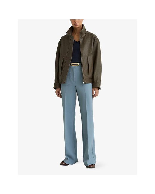 Reiss Green Kiara Oversized Leather Bomber Jacket