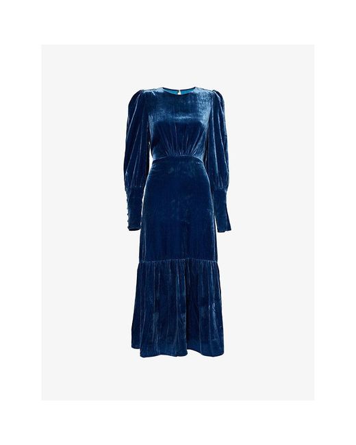 Aspiga Blue Esmee Padded-Shoulders Woven-Blend Midi Dress