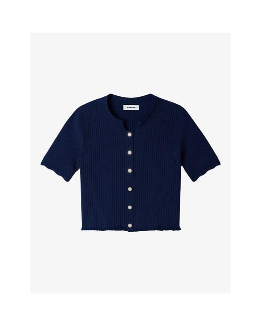 Sandro Blue Cropped Pointelle Knitted Cardigan