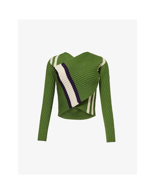 Dries Van Noten Green Contrast-stripe Wrap-over Wool-blend Jumper