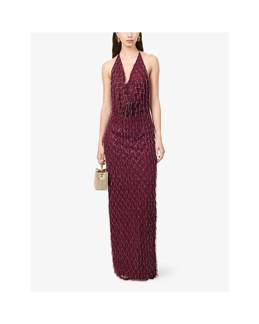 ROTATE BIRGER CHRISTENSEN Purple Halterneck Open-Back Sequin-Embellished Maxi Dress