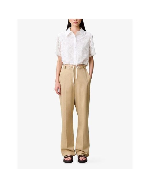 Claudie Pierlot White Cropped Lace-Embroidered Stretch-Woven Shirt