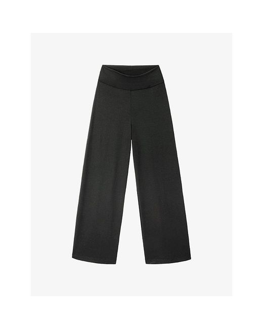 The White Company Black Roll-Top Wide-Leg High-Rise Stretch-Modal Trousers