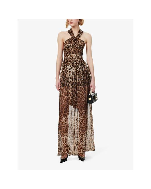 Dolce & Gabbana Brown Leopard-print Slim-fit Silk Maxi Dress