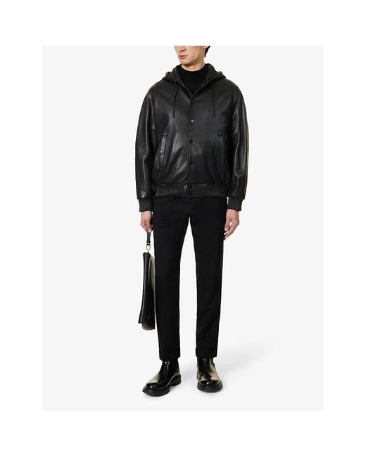 Emporio Armani Black Hooded Regular-fit Leather Jacket for men