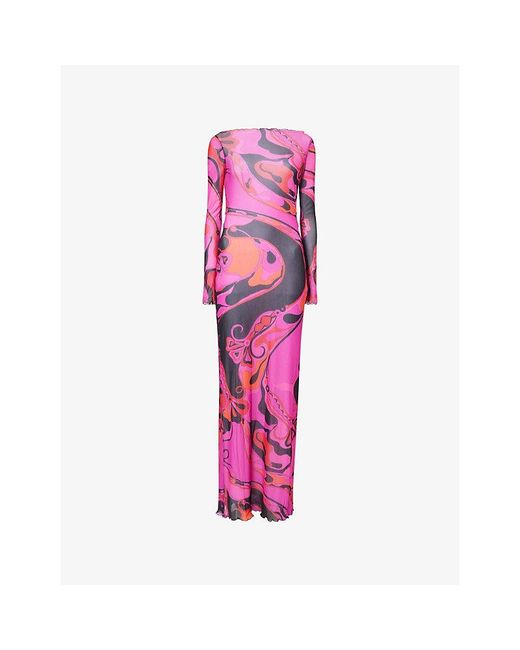 Emilio Pucci Pink Long-Sleeve Printed Tulle Maxi Dress