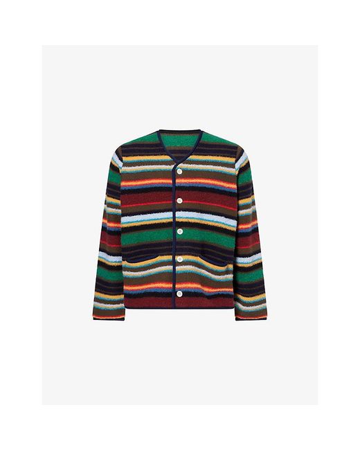 Sacai Green V-Neck Striped Wool-Blend Cardigan for men