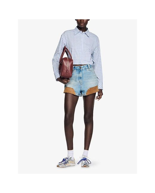 Sandro Blue Checked Cropped Cotton Shirt