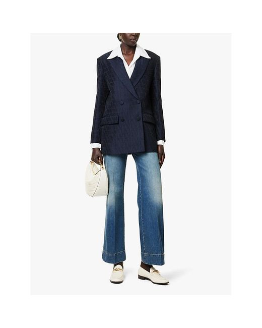 Valentino Garavani Blue Vy Brand-embroidery Double-breasted Regular-fit Wool And Silk Blazer