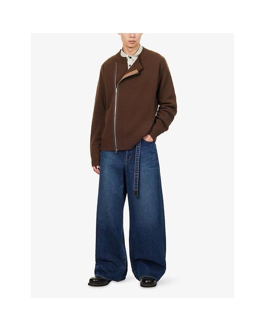 Sacai Brown Zip Embroidered-Logo Wool Jumper for men