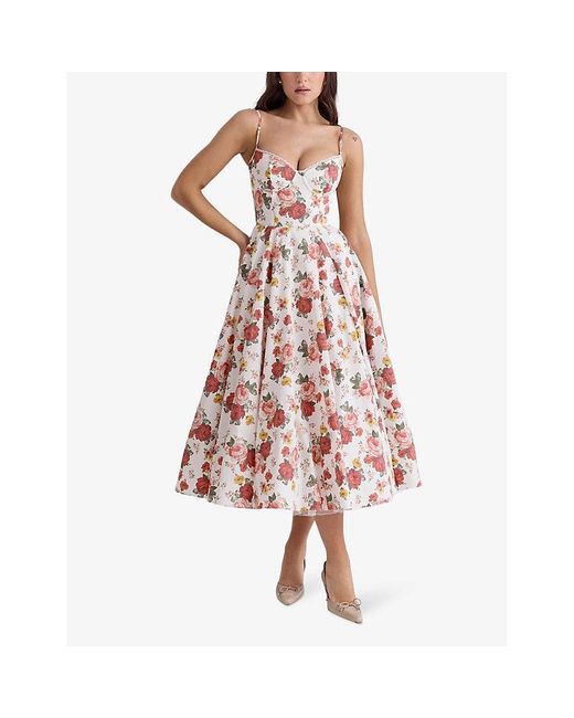 House Of Cb White Mademoiselle Floral-Print Stretch Cotton-Blend Midi Dress