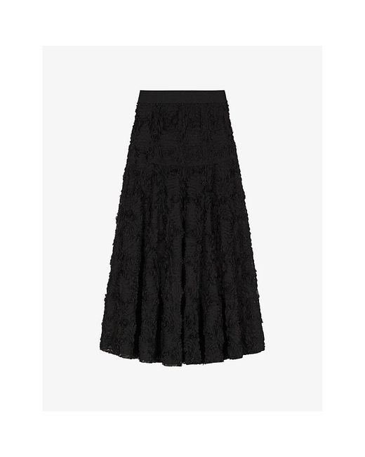 Maje Black Floral-Appliqué Elasticated-Waist Woven Maxi Skirt