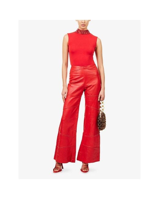GRACE FAENA Red Zebra Pearl-Embellished Leather And Silk-Jersey Top