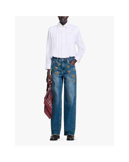 Sandro White Pleated Cropped Cotton Shirt