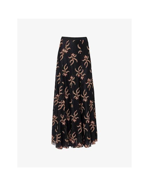 ME+EM Black Autumn Floral-Embroidery Woven Maxi Skirt