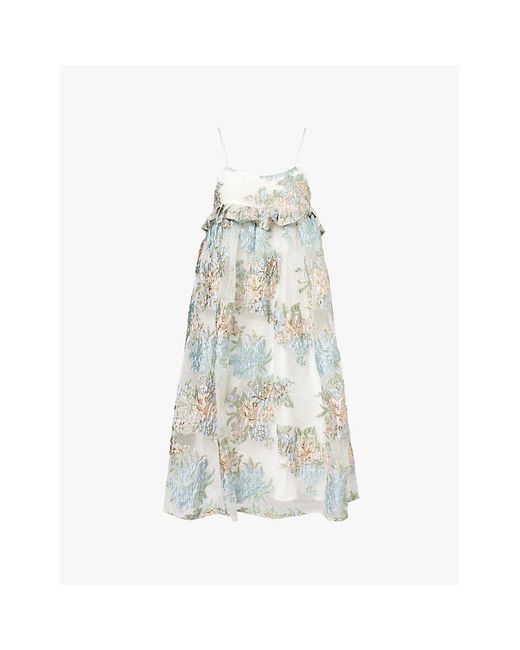 Sister Jane White Flower-Jacquard Ruffle-Trim Woven Midi Dress