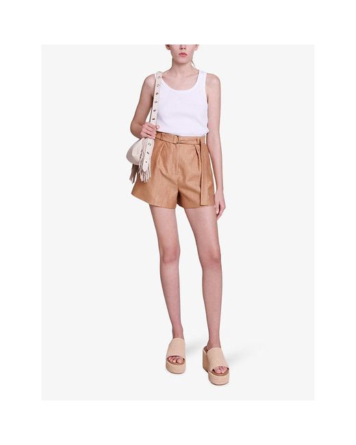 Maje Multicolor Pleated Belted Linen-blend Shorts