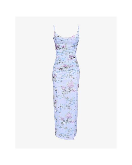 House Of Cb Blue Lini Corset-Bodice Stretch-Mesh Maxi Dress