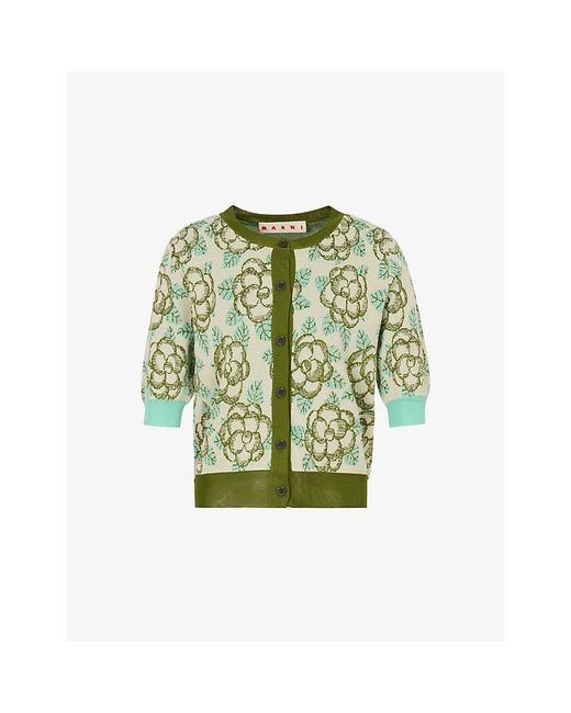 Marni Green Banjo Floral-Pattern Knitted Cotton-Blend Cardigan