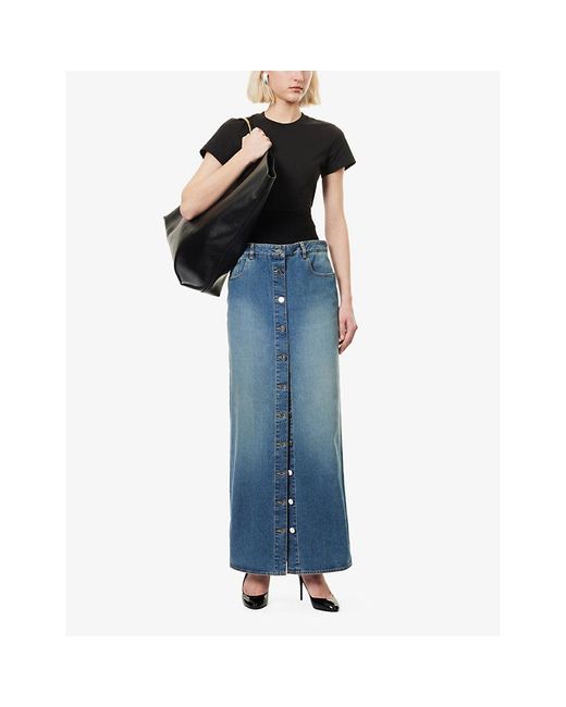 Alaïa Blue Column Knitted-Waistband Denim-Blend Midi Skirt