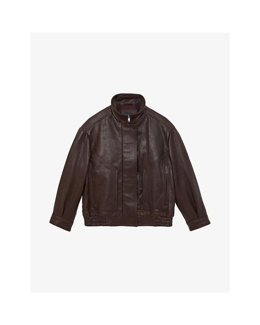 Reiss Brown Kiara Oversized Leather Bomber Jacket