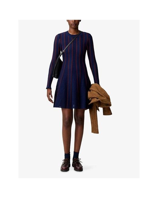 Claudie Pierlot Blue Striped Long-Sleeved Knitted Mini Dress