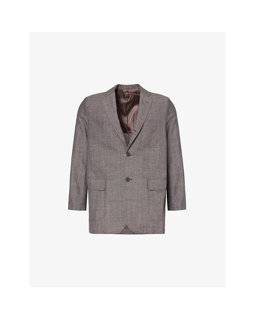 Beams Plus Gray Plaid-patterned Single-breasted Wool And Linen-blend Blazer for men