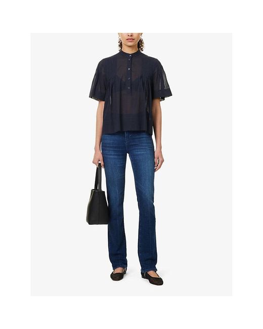 FRAME Blue Vy Pleated Short-sleeved Cotton Blouse