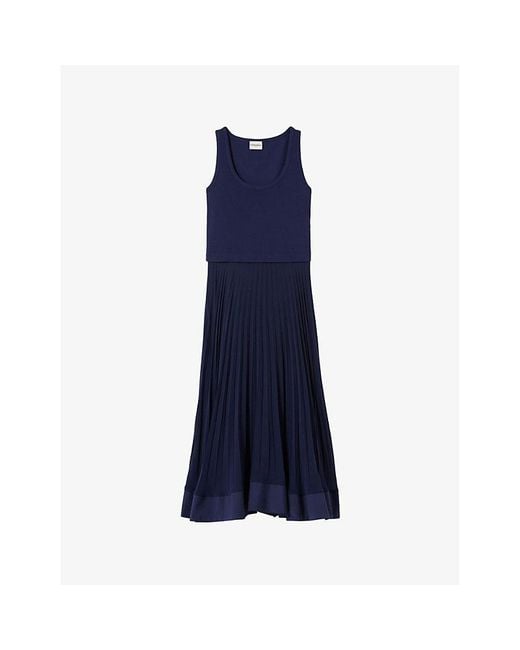 Claudie Pierlot Blue Scoop-Neck Pleated-Skirt Cotton Maxi Dress