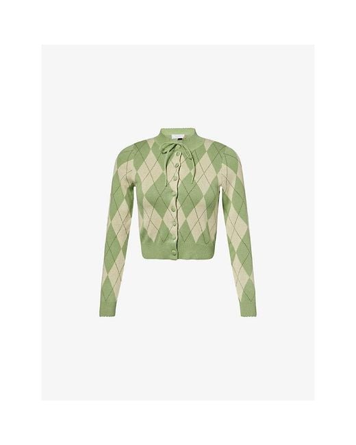 House Of Sunny Green Argyle Cotton-Knit Cardigan
