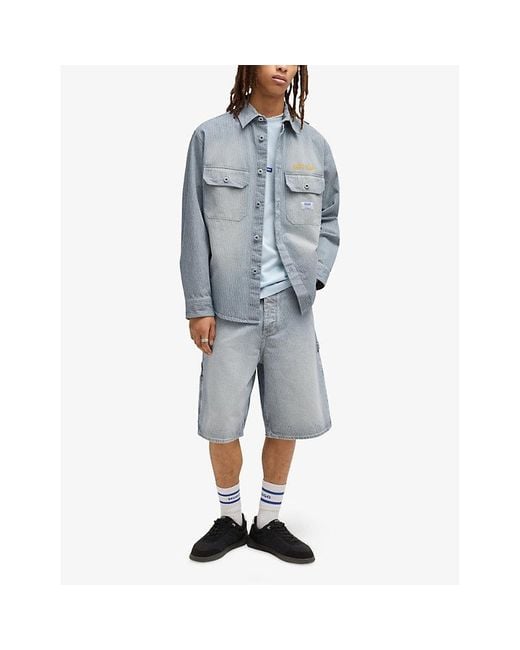 HUGO Blue Brand-Patch Striped Cotton Shirt for men