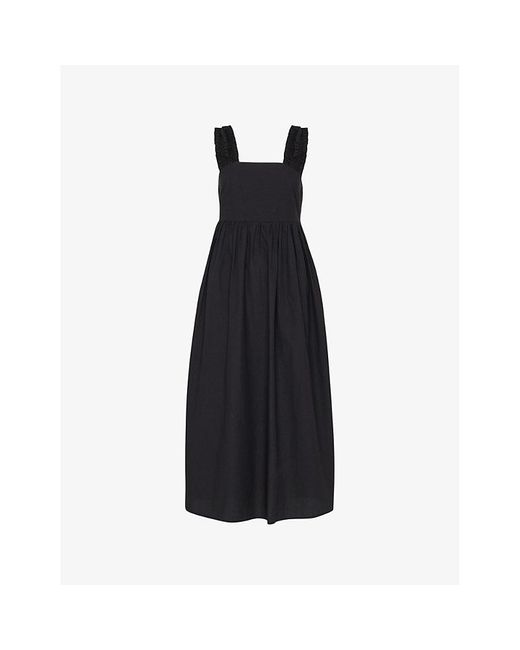Whistles Black Ruffle-Strap Square-Neck Cotton Midi Dress