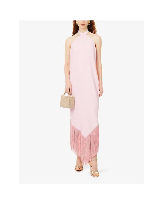 ‎Taller Marmo Pink Nina Fringed Halterneck Satin Maxi Dress