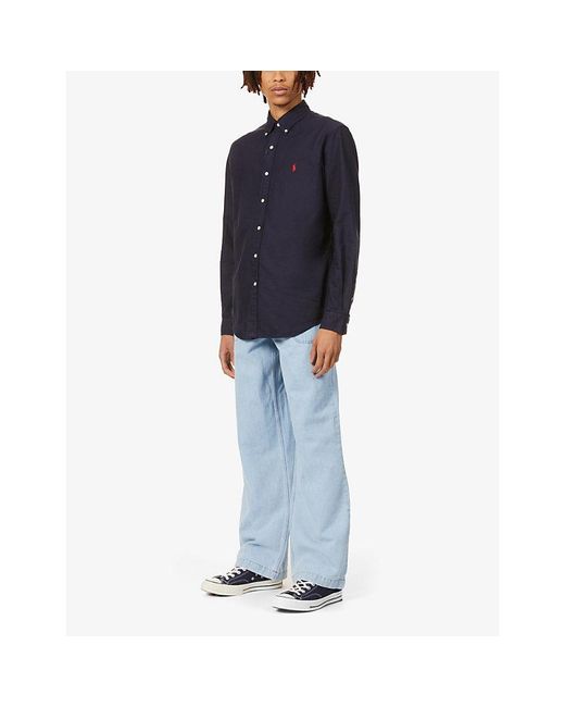 Polo Ralph Lauren Blue Long-Sleeved Garment-Dyed Custom-Fit Cotton Oxford Shirt for men