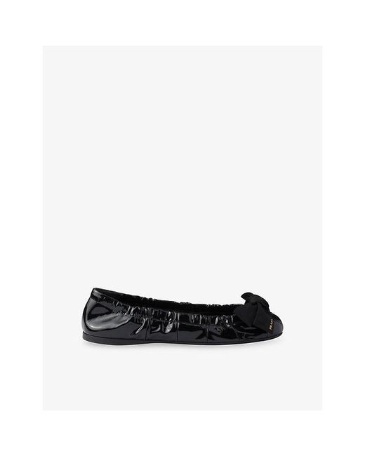 Prada Black Bow-Embroidered Patent-Leather Ballet Flats