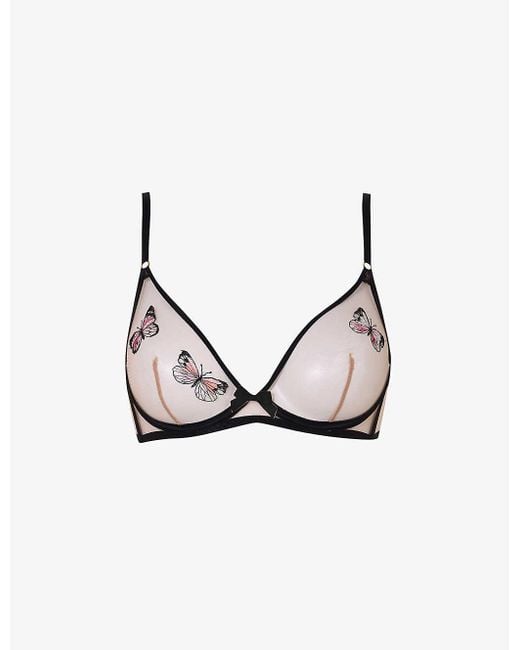 Agent Provocateur Black Odelia Butterfly-embroidered Tulle Plunge Bra