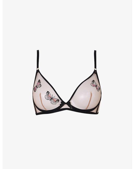 Agent Provocateur Black Odelia Butterfly-embroidered Tulle Plunge Bra