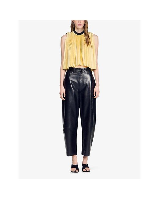 Sandro Yellow Pleated Tie-Back Woven Top