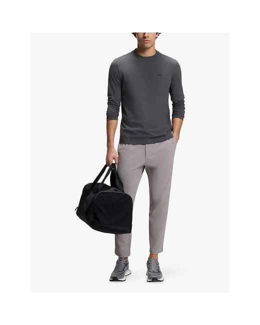 Boss Gray Brand-Print Long-Sleeved Stretch-Cotton T-Shirt for men