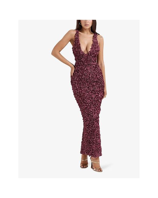 House Of Cb Red Carena Floral-Appliqué Slim-Fit Woven Maxi Dress