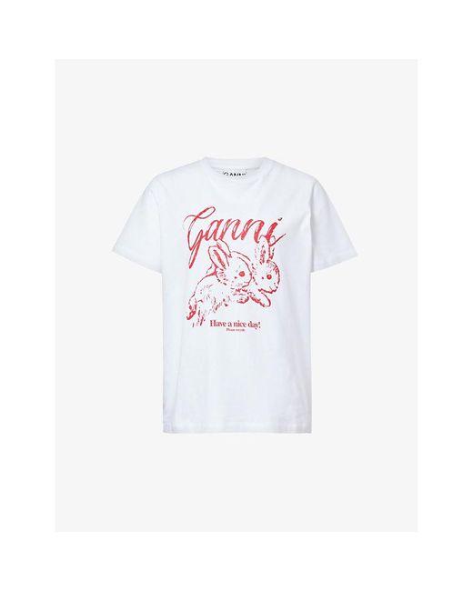 Ganni White Bunnies Graphic-pattern Organic-cotton T-shirt Xx