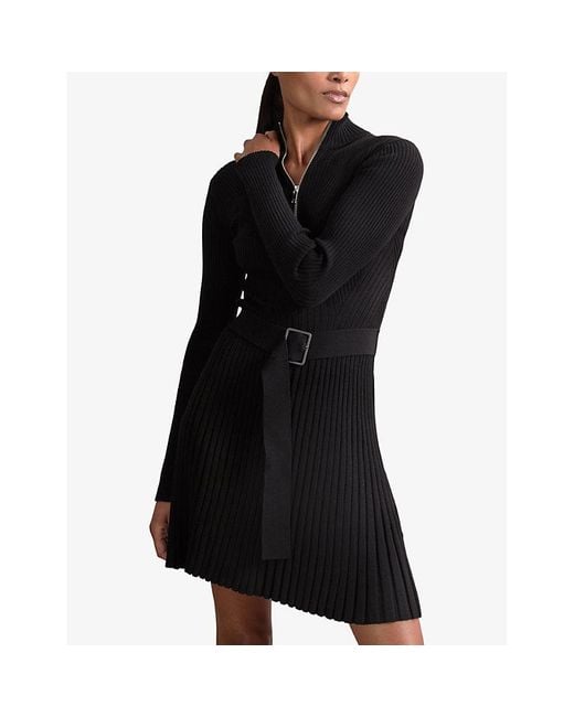 Reiss Black Vienna Zip-Neck Flippy-Hem Stretch-Knit Mini Dress