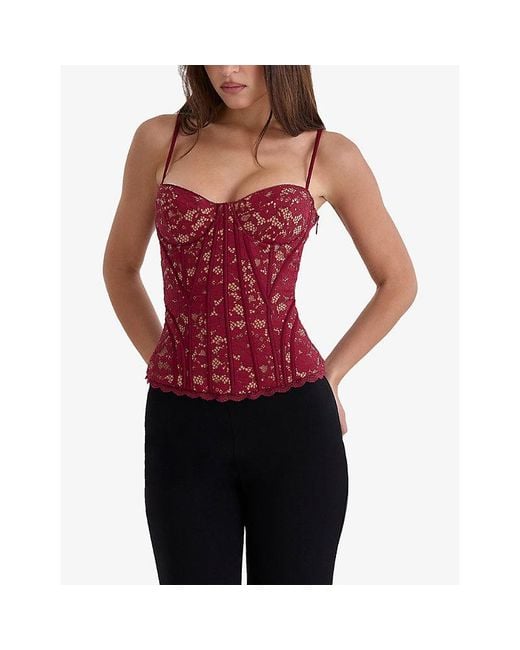 House Of Cb Red Rania Floral Lace Corset Top