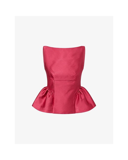Roland Mouret Red Ruffled-Hem Cinched-Waist Taffeta Top