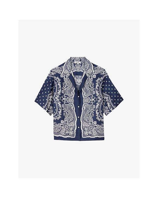 Sandro Blue Bandana-Print Relaxed-Fit Satin Shirt