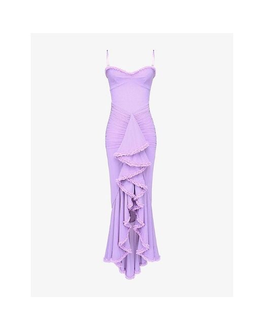 House Of Cb Purple Gabbi Ruffle-Front Slim-Fit Stretch-Mesh Maxi Dress
